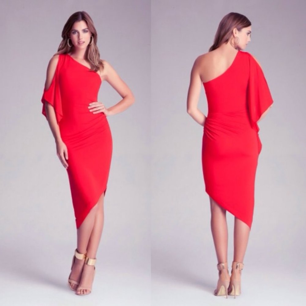 Bebe Red Asymmetric Keyhole Sleeve Hi Lo Dress